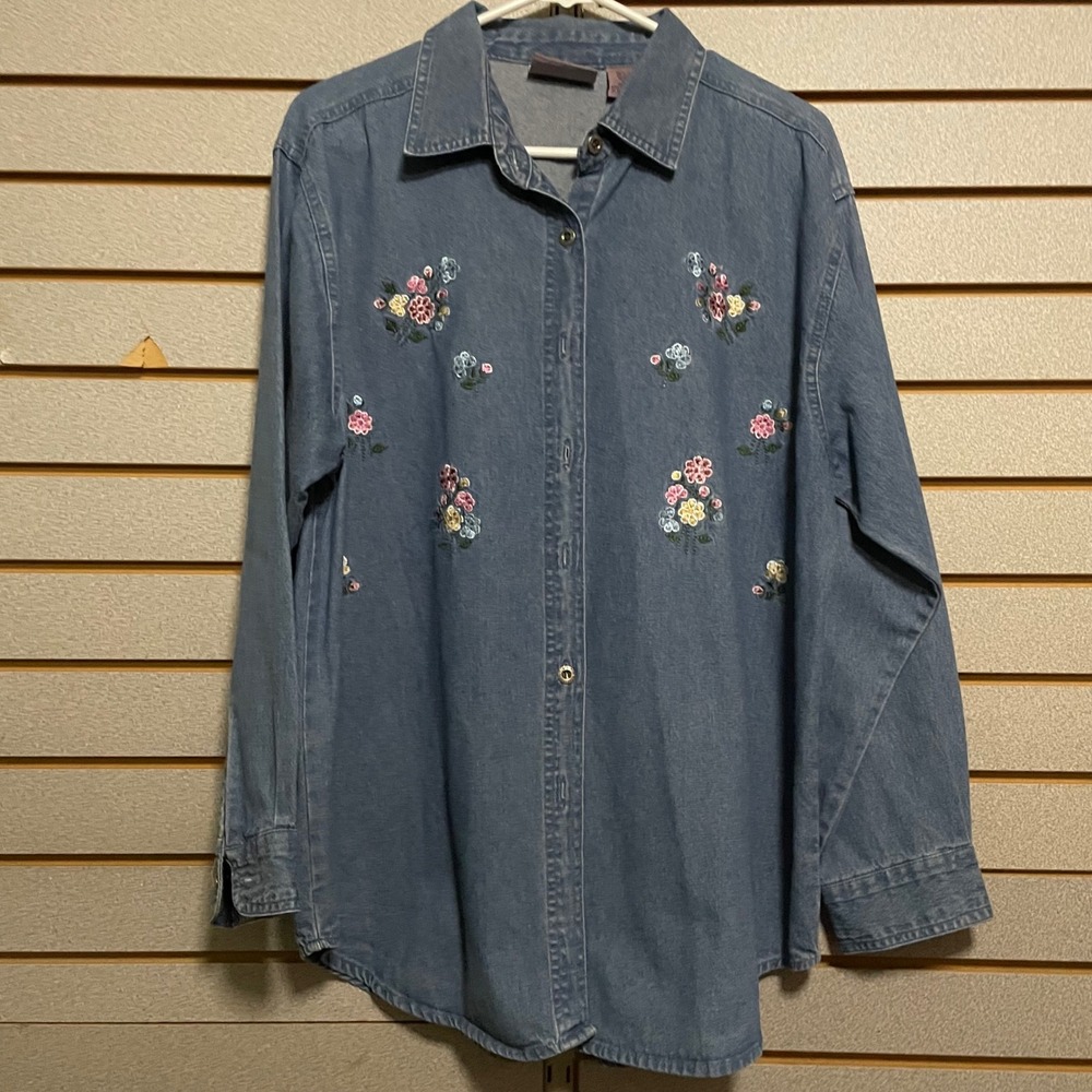 Premier‎ International Denim Shirt Floral Embroidered Long Sleeve Button Up L
